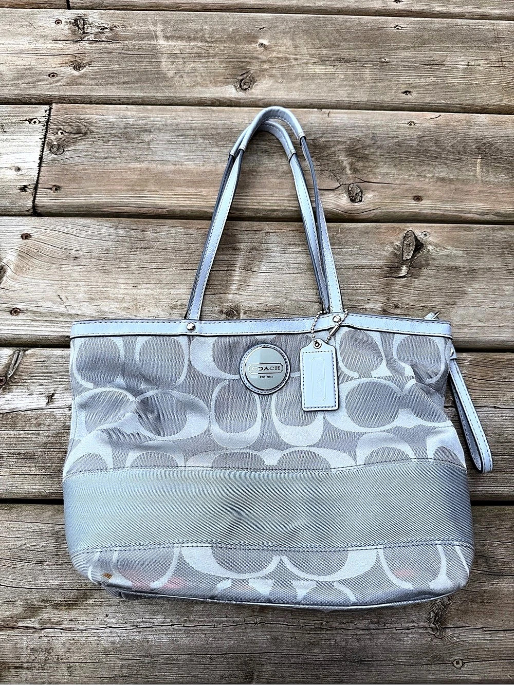 Coach Signature Canvas Tote Bag Blue Gray Zip Top Shoulder Bag